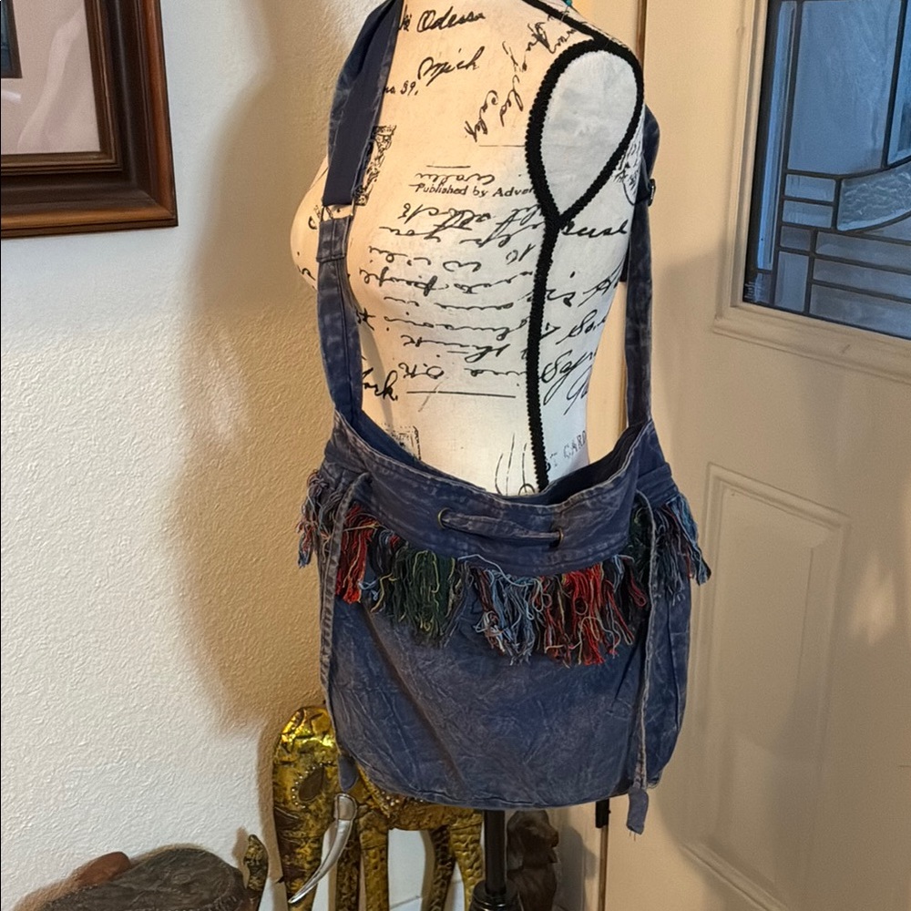 Denim Blue Fringe Women Crossbody Bagw/drawstring closure